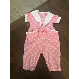 Vintage Baby Girl Pink White Polka Dot Sailor Collar Jumpsuit Outfit Size 12M